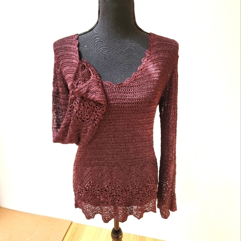 BCBGMAXAZRIA Chocolate Brown Crochet Long Sleeve Top size small